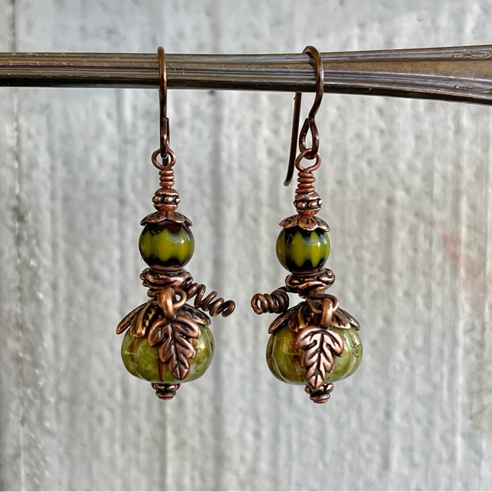 Hand Crafted “Green Jade Knight Pumpkin” Dangle Earrings - Picture 6 of 11